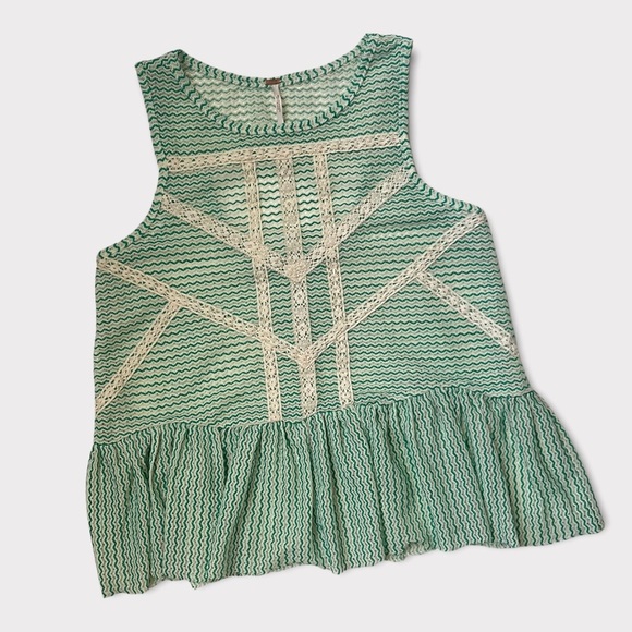 Free People Tops - Free People Crochet Sheer Tank Top With Peplum and Back Cut Out Green & Cream